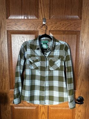 DIXXON Astoria Olive Green and Bluish Grey Plaid Button-Down Shirt Youth size S
